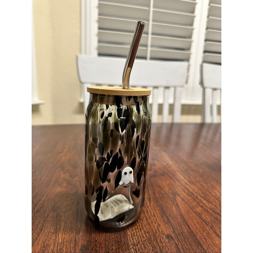 Anthropologie Halloween Brown and White Glass Ghost Iced Coffee Cup With Metal S - Picture 4 of 4